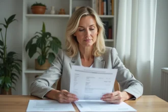 Femme d'âge moyen examinant ses documents Livret A