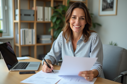 Femme souriante organisant des papiers dans un bureau lumineux