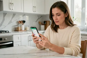 Femme payant sa facture Free Mobile sur smartphone depuis sa cuisine