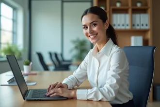 Femme professionnelle souriante utilisant un ordinateur dans un bureau lumineux