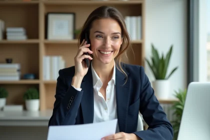 Femme professionnelle en bureau moderne parlant au téléphone