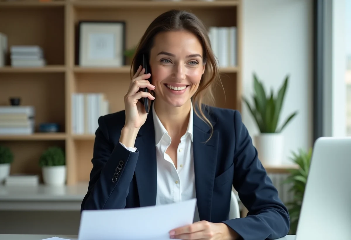 Femme professionnelle en bureau moderne parlant au téléphone