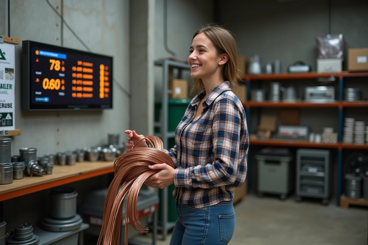 Jeune femme dans un atelier de recyclage tenant des câbles en cuivre