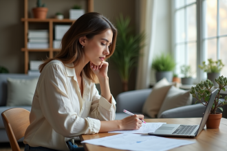 Femme assise à une table remplissant un formulaire de location