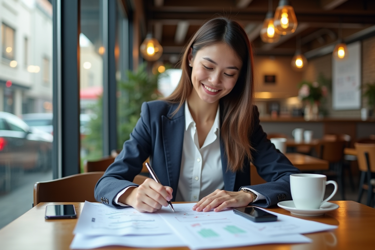 Jeune femme en café étudiant des rapports financiers et prenant des notes