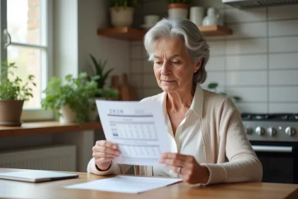 Femme française examine un calendrier pension 2026