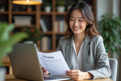 Femme souriante vérifiant ses documents de pension à la maison