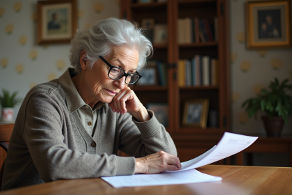 Femme senior lisant des documents financiers chez elle