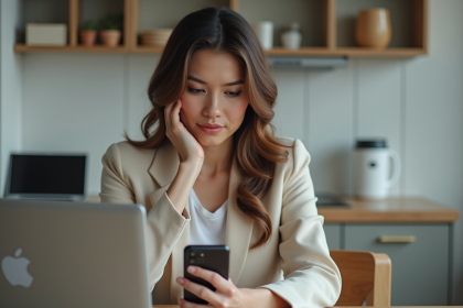 Femme d affaires vérifiant son smartphone dans une cuisine moderne