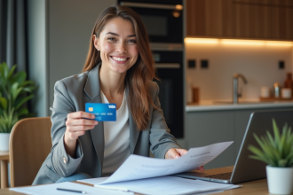 Femme souriante avec carte Visa Premier à la maison