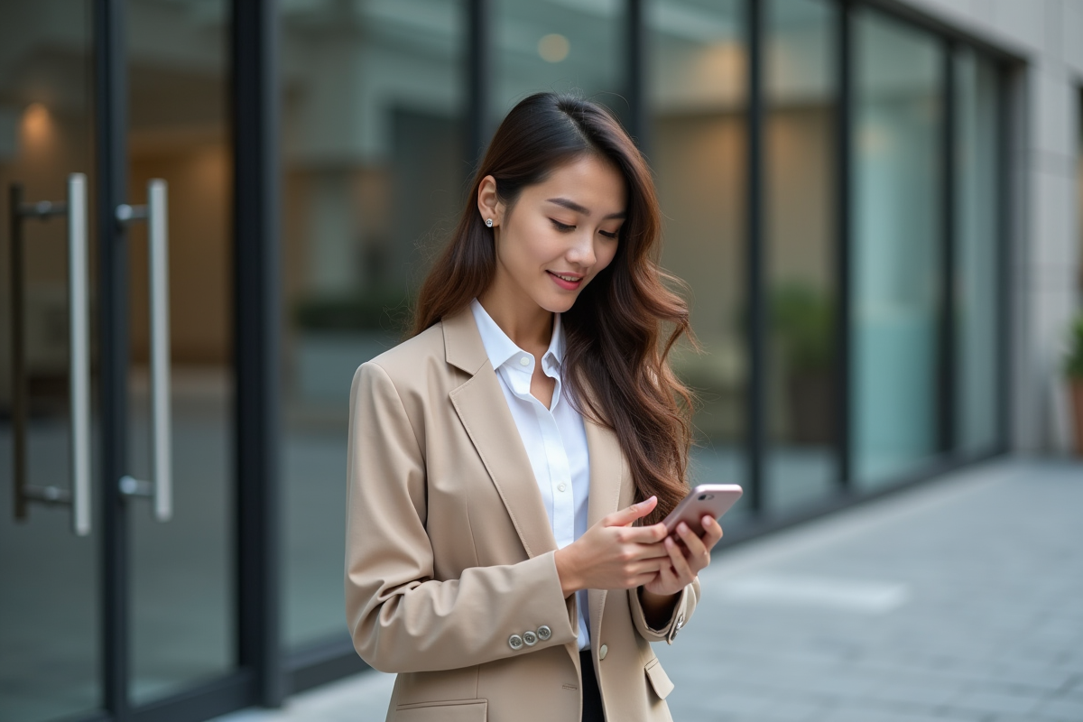 Jeune femme en blazer regardant son téléphone devant une banque