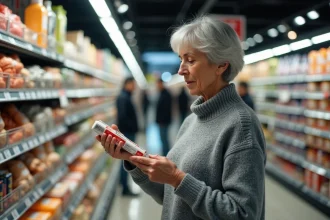 Une femme vérifiant les prix dans un supermarché français, illustrant la pression inflationniste sur le pouvoir d'achat des ménages en 2026
