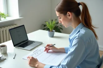 Femme consultant un tableau de conversion heure centième imprimé sur un bureau de bureau moderne