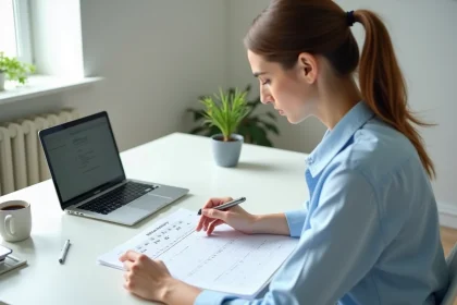 Femme consultant un tableau de conversion heure centième imprimé sur un bureau de bureau moderne