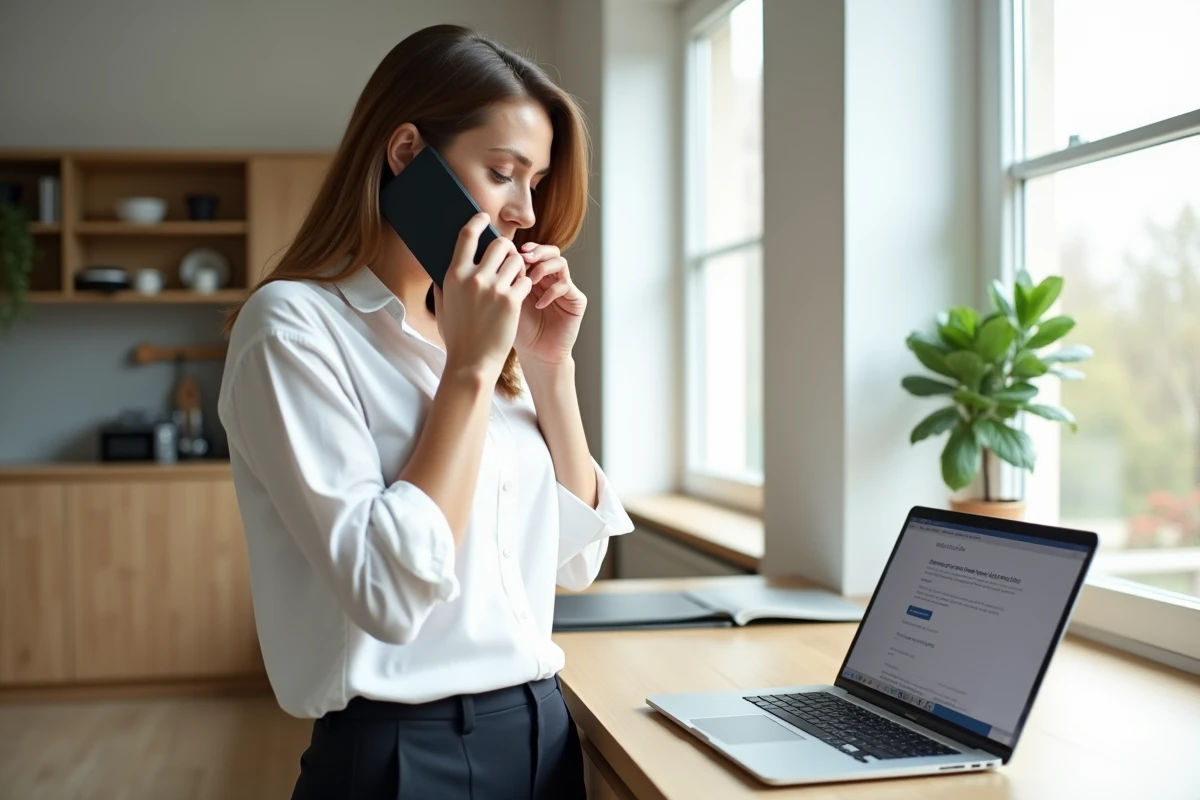Femme contactant le service client Nickel par téléphone tout en consultant son espace en ligne sur ordinateur