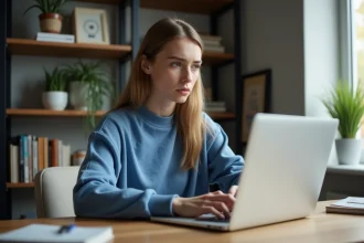 Jeune femme concentrée travaillant sur son ordinateur dans un bureau à domicile