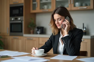 Femme en blazer concentrée au téléphone dans la cuisine moderne