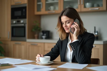 Femme en blazer concentrée au téléphone dans la cuisine moderne
