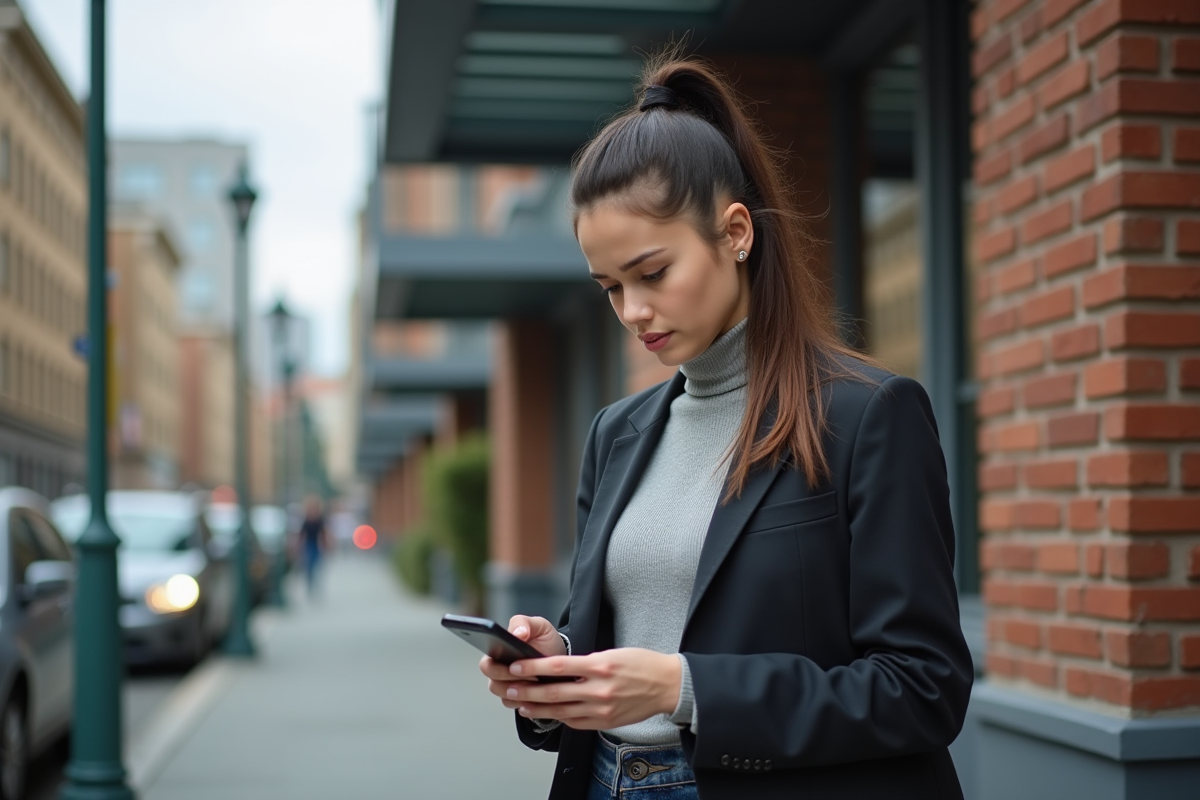 Jeune femme dehors vérifiant son téléphone