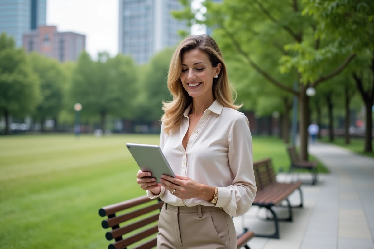 Femme souriante vérifiant son application financière en plein air