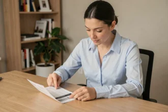 Femme professionnelle examinant attentivement son bulletin de salaire à son bureau à domicile