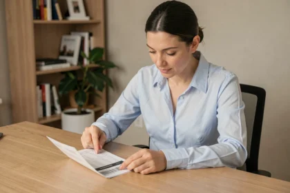 Femme professionnelle examinant attentivement son bulletin de salaire à son bureau à domicile