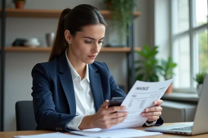 Femme consultant sa facture Free Mobile sur smartphone et document papier dans un bureau à domicile pour vérifier ses données personnelles