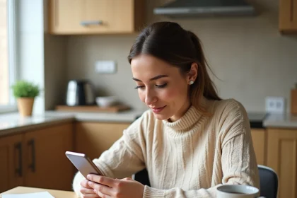 Femme utilisant l'application mobile Caisse d'Épargne pour effectuer un virement instantané depuis sa cuisine