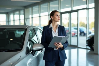 Femme en costume professionnel près d'une voiture en concession