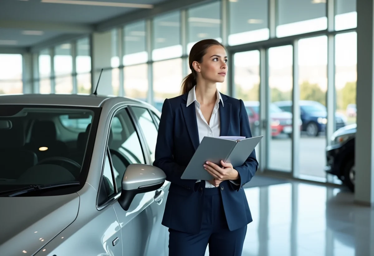 Femme en costume professionnel près d'une voiture en concession