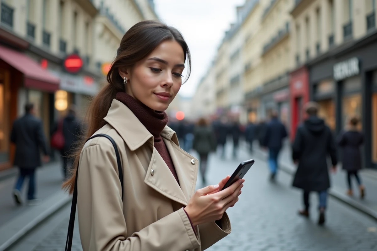 Jeune femme consultant l'application mobile Filibanque CIC 2026 dans une rue parisienne animée