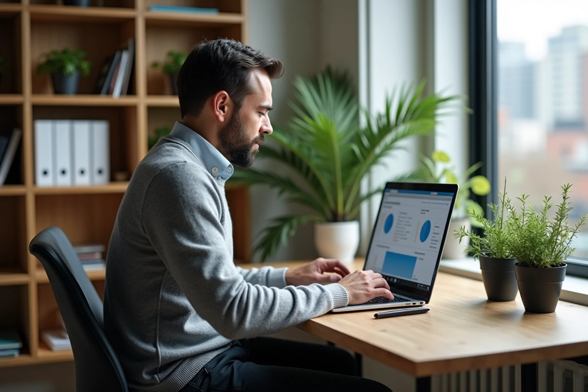 Homme utilisant l'interface Filibanque CIC sur ordinateur portable depuis son bureau à domicile en 2026