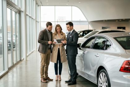 Un couple examine les options de financement d'une voiture dans une concession automobile moderne