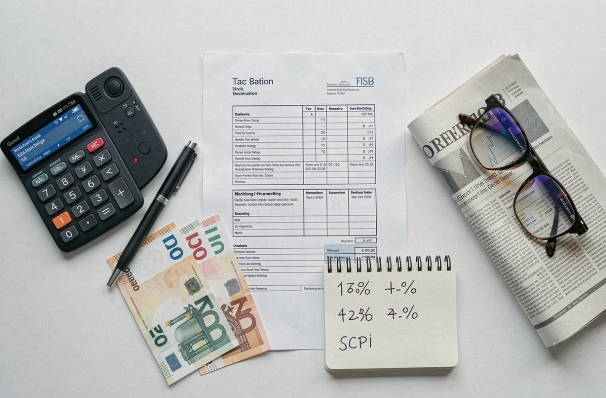 Vue aérienne d'un bureau avec formulaire fiscal, calculatrice et billets euros illustrant l'imposition des revenus SCPI avec la flat tax