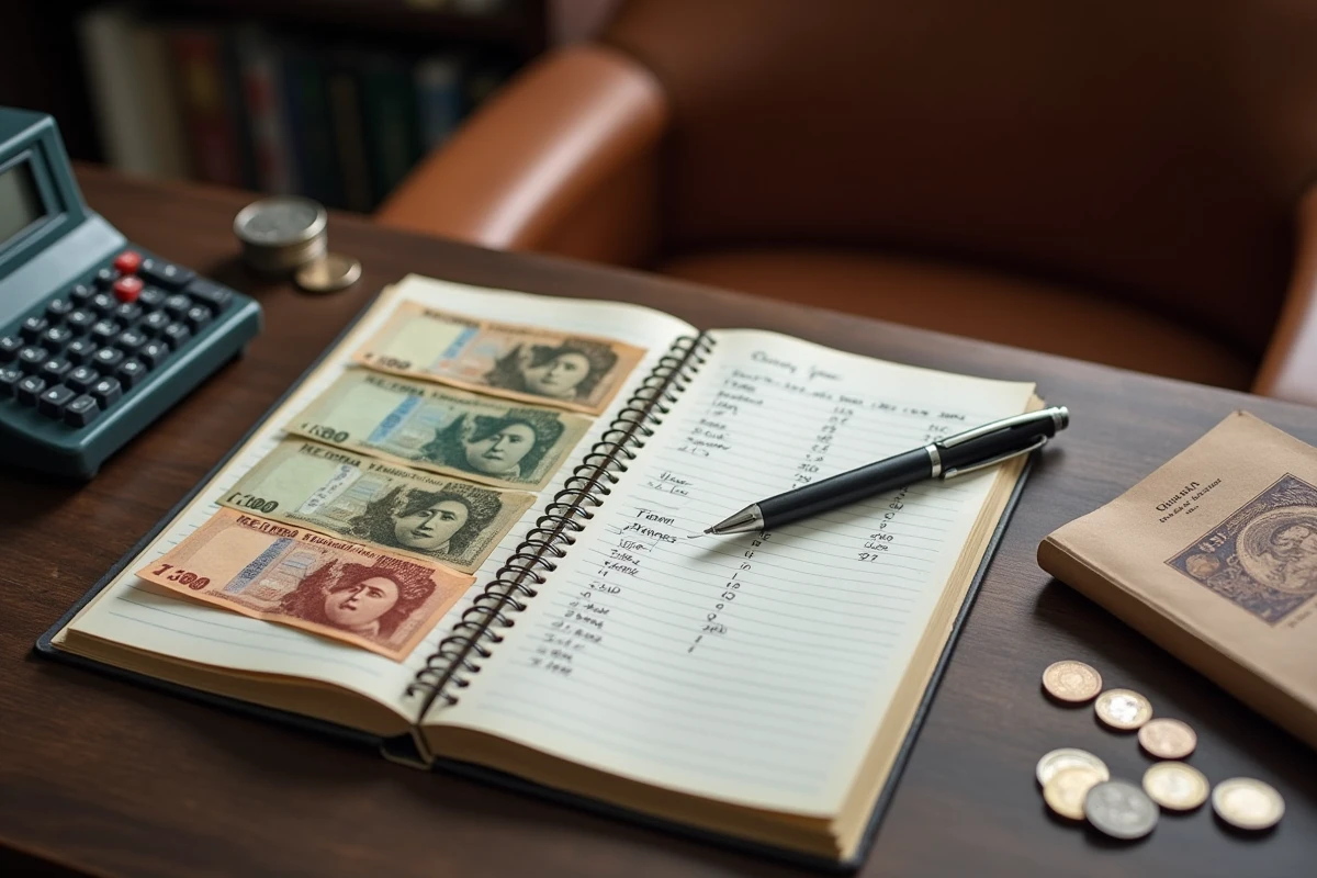 Vue en plongée d'un bureau avec des billets en anciens francs, des pièces en euros et un carnet de calculs de conversion comptable