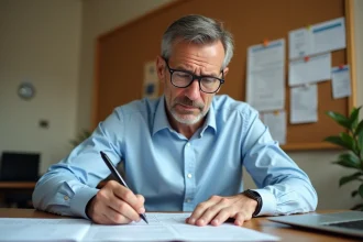 Homme remplissant le formulaire H1 d'impôt modèle 6650 à son bureau à domicile