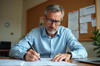 Homme remplissant le formulaire H1 d'impôt modèle 6650 à son bureau à domicile