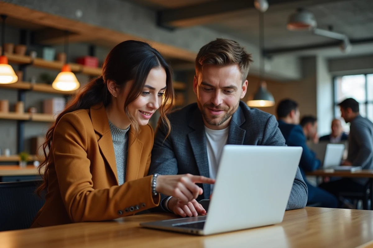 Deux collègues comparant les frais de blockchain sur un ordinateur portable dans un espace de coworking