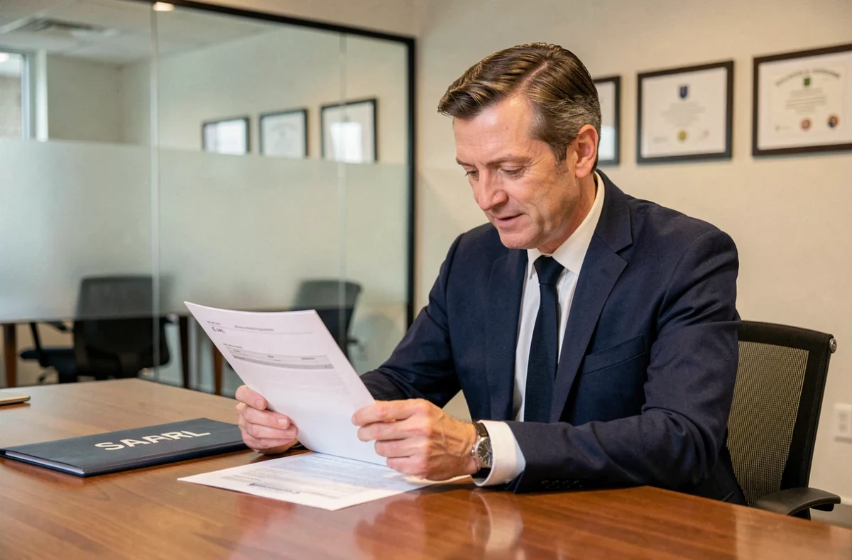 Courtier de Frand et Associés SARL examinant des documents d'assurance dans un bureau professionnel