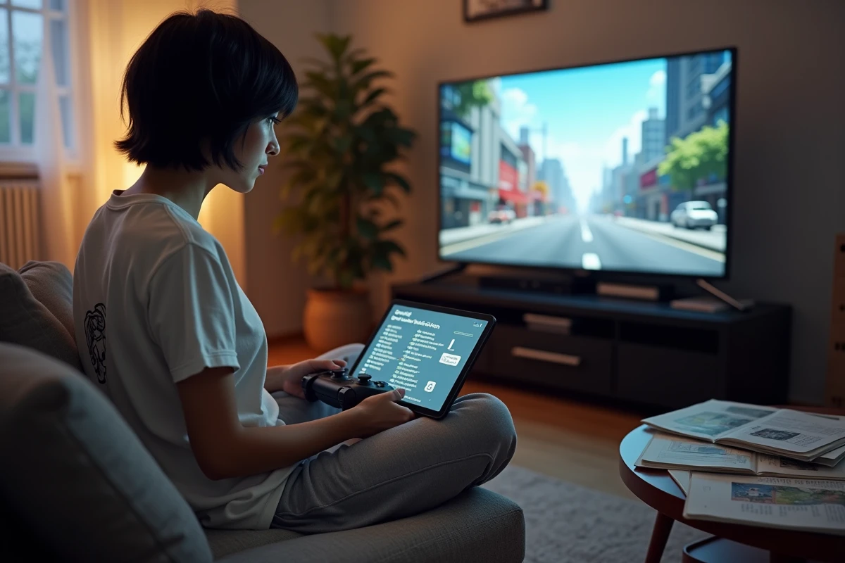 Gameuse consultant une checklist de missions sur tablette pour réussir les assassinats de Lester dans GTA 5