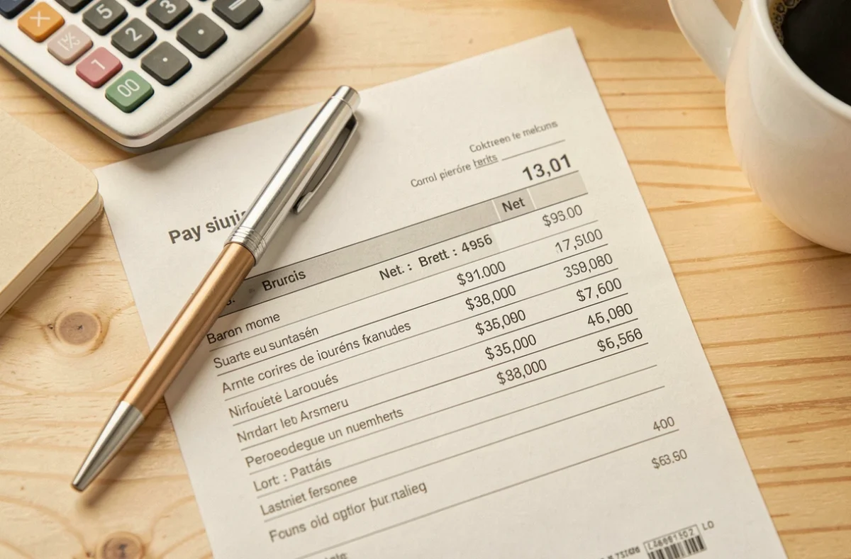 Gros plan d'une fiche de paie française avec un stylo et une calculatrice sur un bureau en bois clair