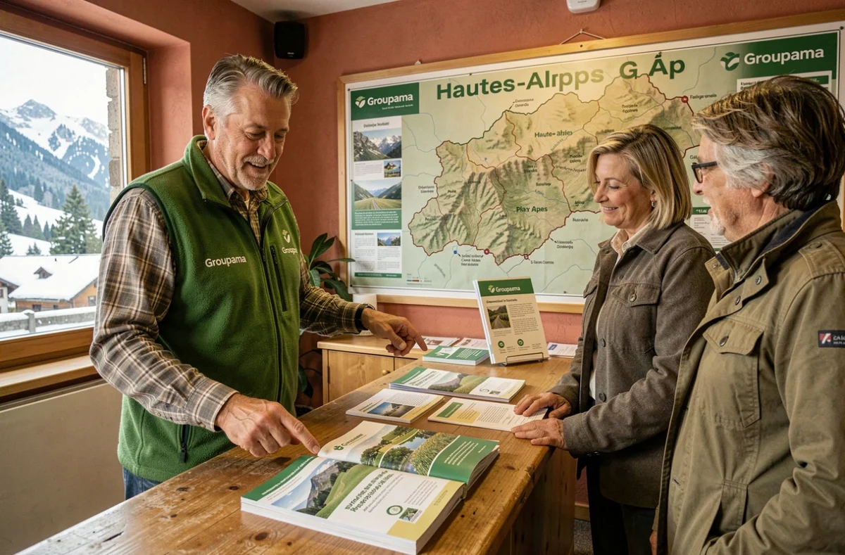 Agent Groupama Méditerranée en veste verte montrant des brochures d'assurance agricole à des clients dans l'agence de Gap avec vue sur les sommets alpins enneigés