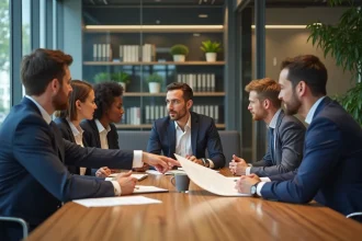 Groupe d'entrepreneurs en réunion dans un bureau moderne