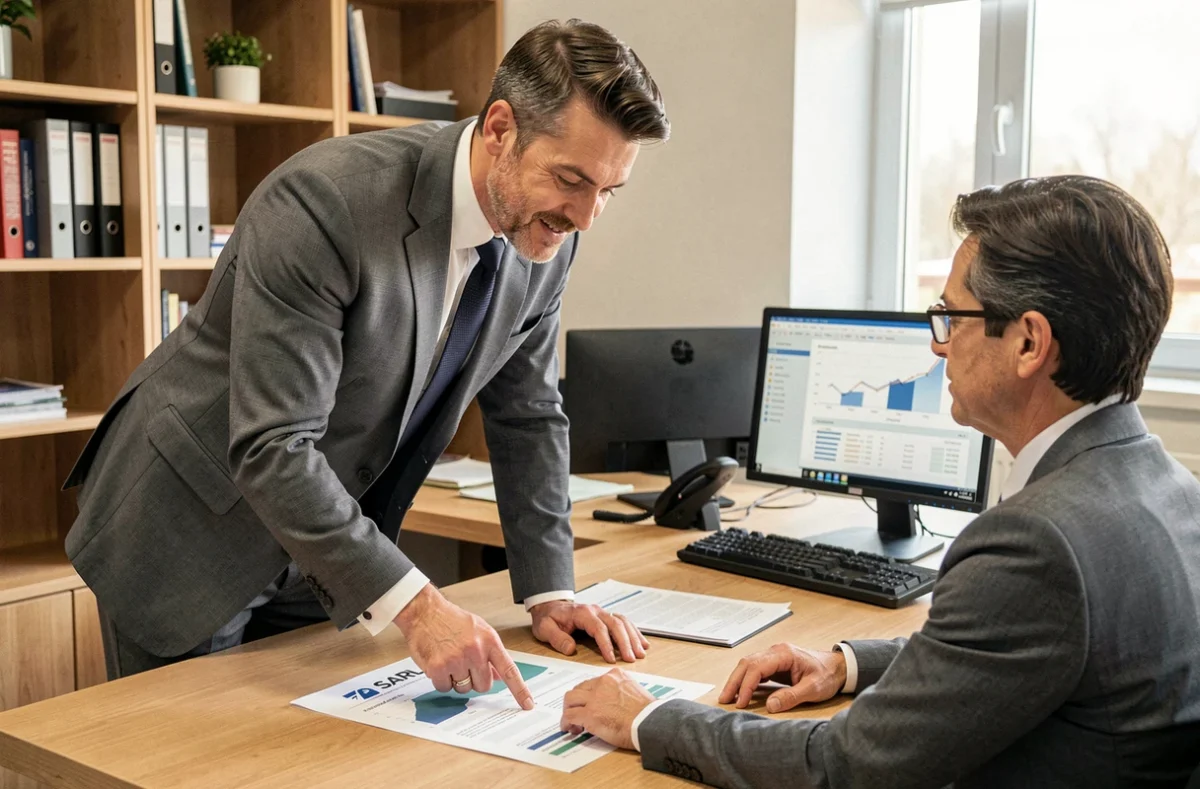 Conseiller de GS Crédits SARL présentant une simulation de crédit à un client dans un bureau professionnel