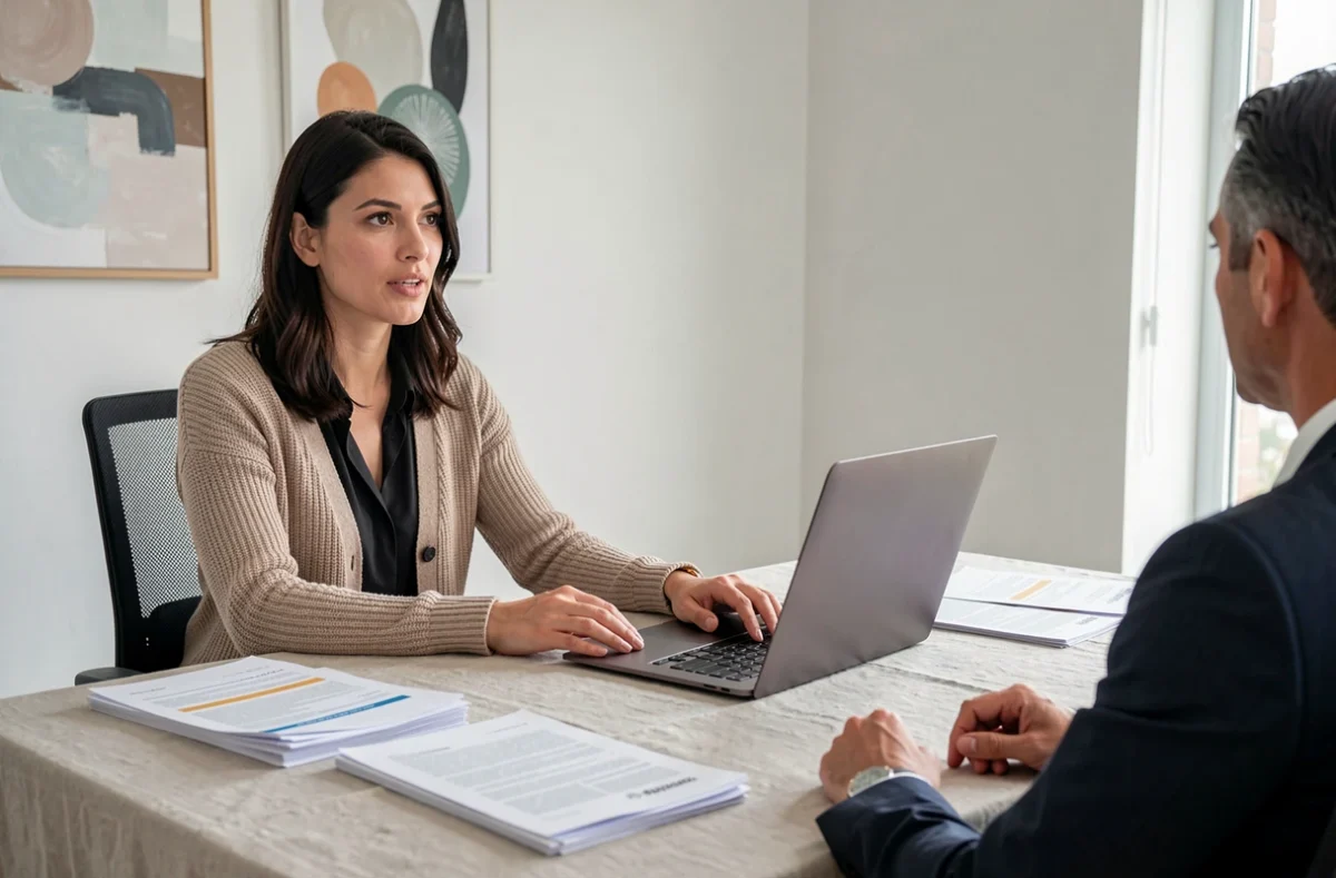 Courtière Hanae en consultation avec un client dans son bureau moderne spécialisé en assurance et crédit