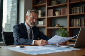 Homme d'affaires expérimenté analysant des documents financiers dans un bureau élégant, symbolisant l'investissement à long terme et la gestion de fortune