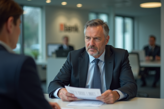 Homme d'affaires en banque examinant des papiers