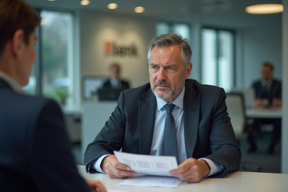 Homme d'affaires en banque examinant des papiers