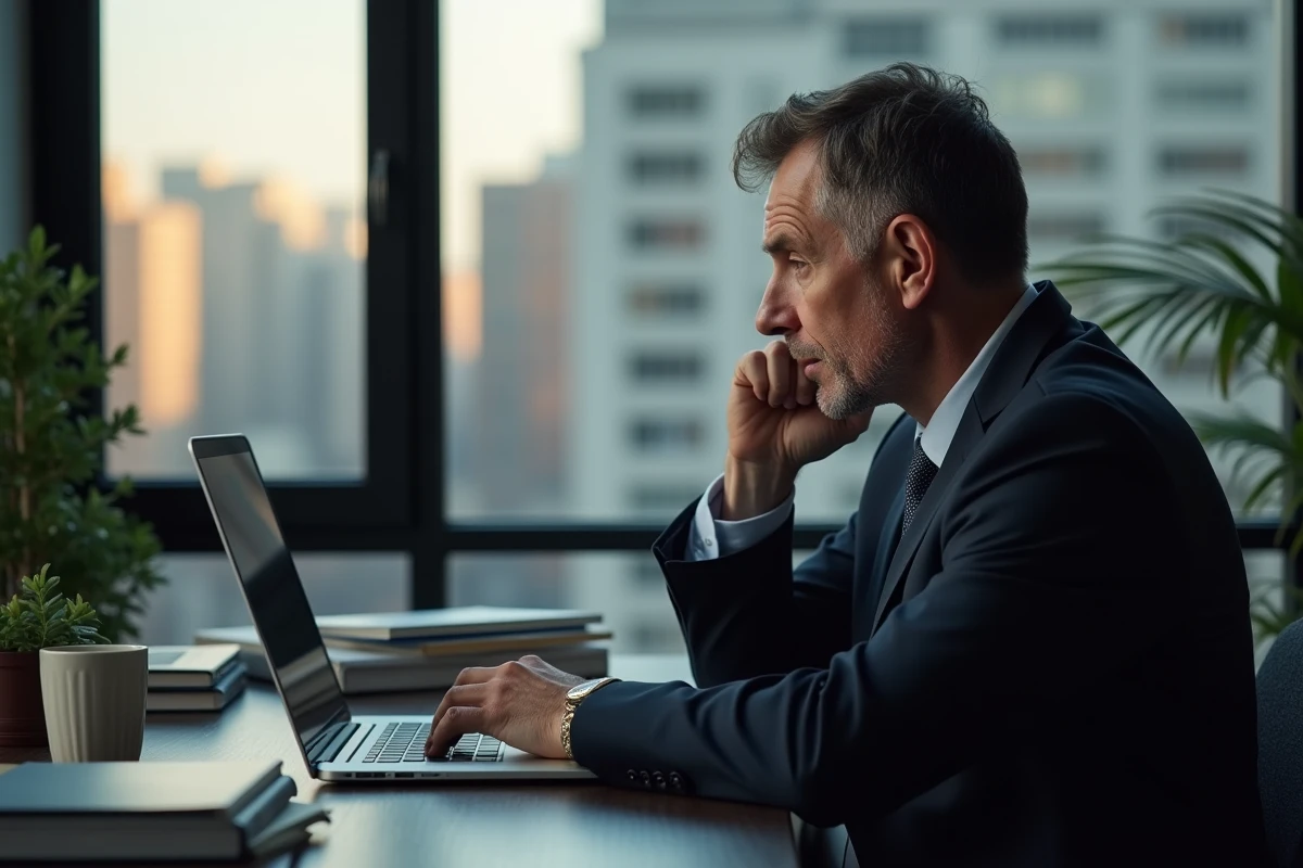 Homme d'affaires en costume vérifiant les cours en ligne