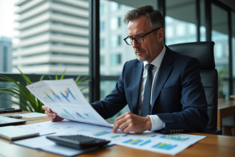 Homme d'affaires en costume analysant des graphiques financiers